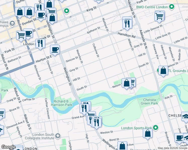 map of restaurants, bars, coffee shops, grocery stores, and more near 373 Hill Street in London