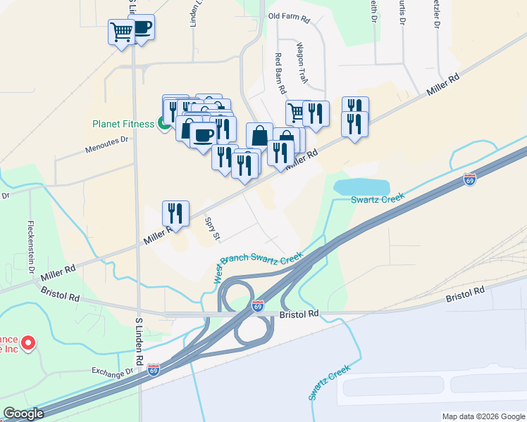 map of restaurants, bars, coffee shops, grocery stores, and more near 4375 Miller Road in Flint