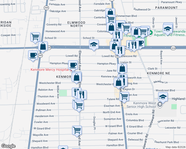 map of restaurants, bars, coffee shops, grocery stores, and more near 101 June Road in Buffalo