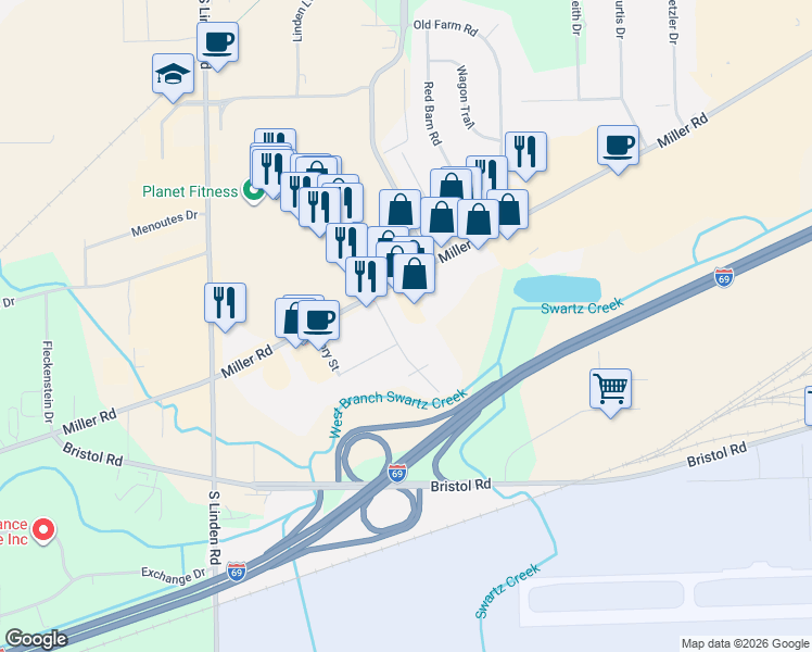 map of restaurants, bars, coffee shops, grocery stores, and more near 4375 Miller Road in Flint