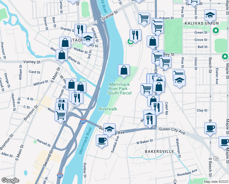 map of restaurants, bars, coffee shops, grocery stores, and more near 141 Riverwalk Way in Manchester