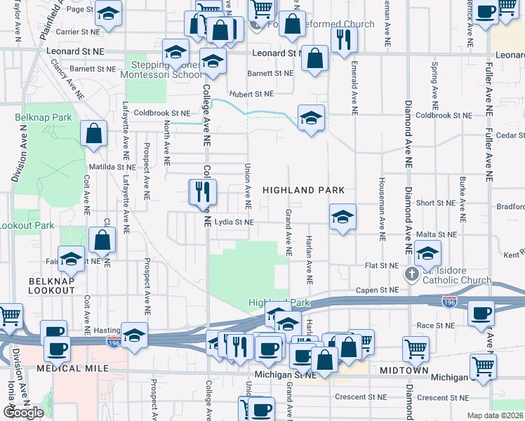 map of restaurants, bars, coffee shops, grocery stores, and more near 823 Benson Avenue Northeast in Grand Rapids
