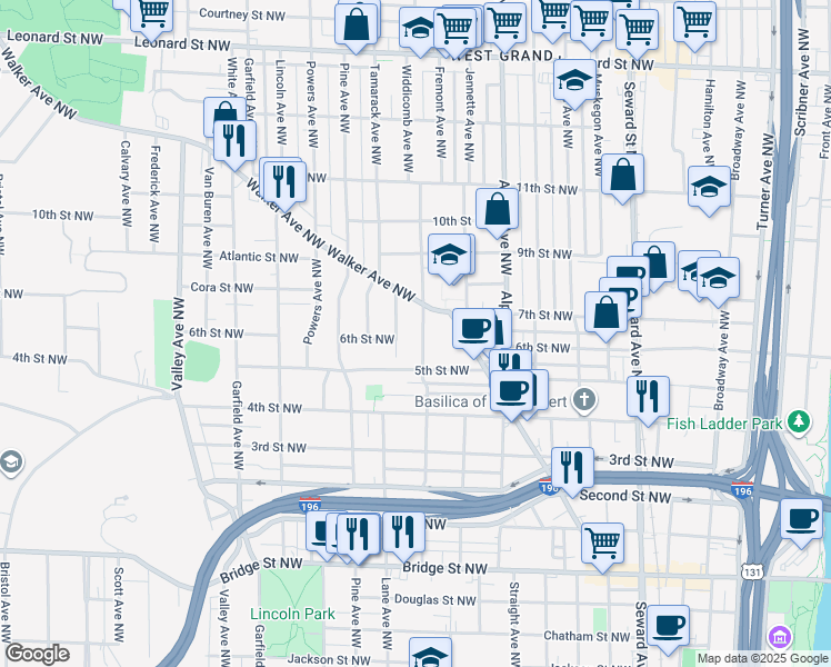 map of restaurants, bars, coffee shops, grocery stores, and more near 737 Fremont Avenue Northwest in Grand Rapids