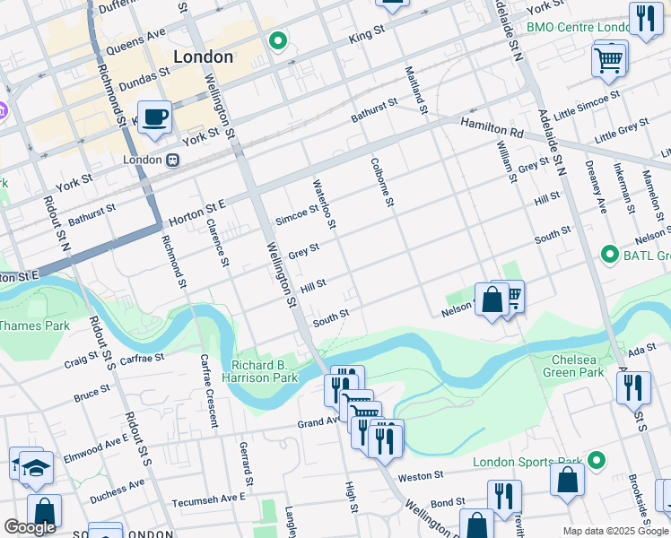map of restaurants, bars, coffee shops, grocery stores, and more near 324 Hill Street in London