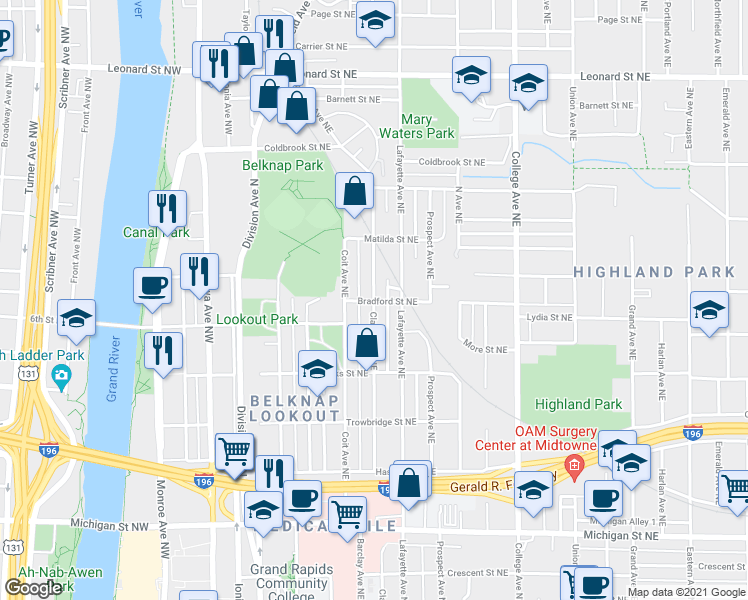 map of restaurants, bars, coffee shops, grocery stores, and more near Bradford St NE & Clancy Ave NE in Grand Rapids