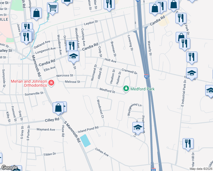 map of restaurants, bars, coffee shops, grocery stores, and more near 115 Alexander Drive in Manchester