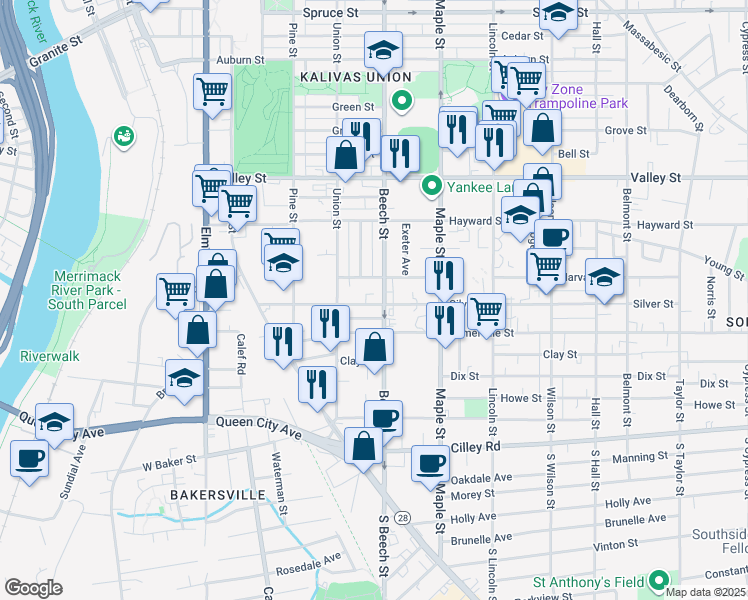 map of restaurants, bars, coffee shops, grocery stores, and more near 280 Silver Street in Manchester