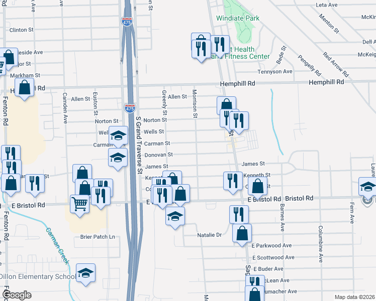 map of restaurants, bars, coffee shops, grocery stores, and more near 1413 Carman Street in Burton