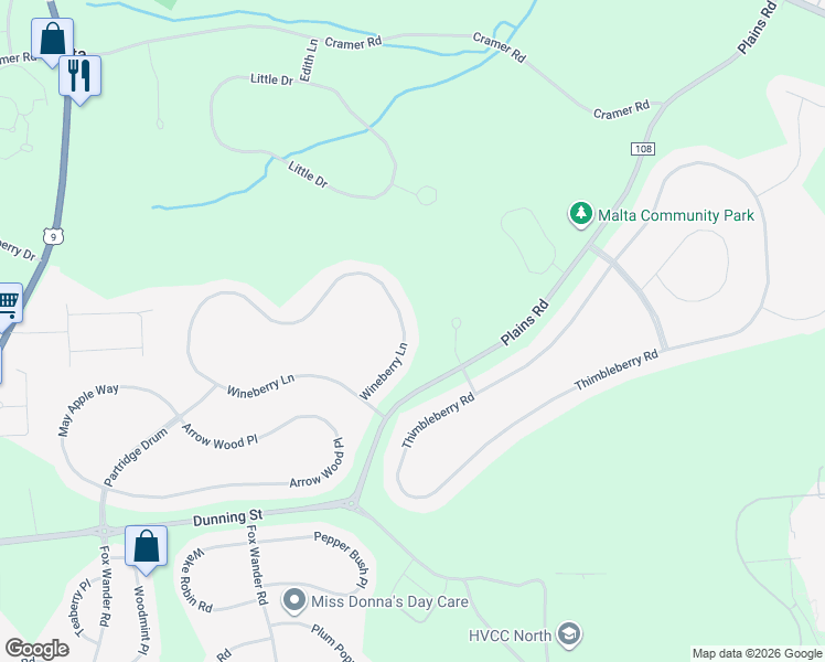 map of restaurants, bars, coffee shops, grocery stores, and more near 117 Wineberry Lane in Ballston Spa