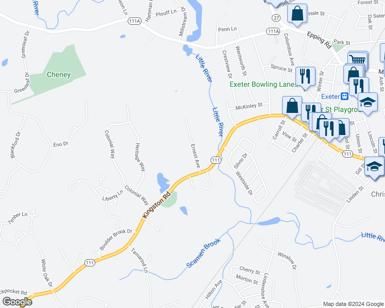 map of restaurants, bars, coffee shops, grocery stores, and more near 38 Ernest Avenue in Exeter