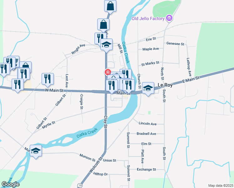 map of restaurants, bars, coffee shops, grocery stores, and more near 48 Main Street in Le Roy