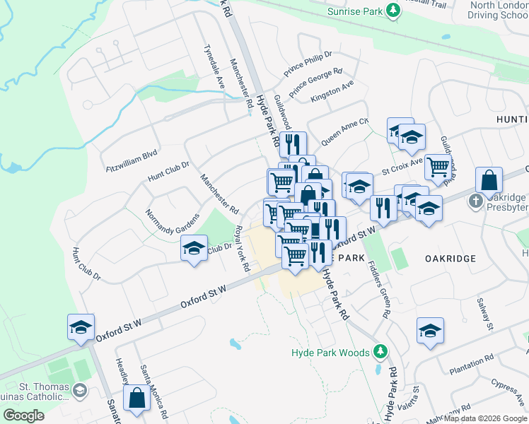 map of restaurants, bars, coffee shops, grocery stores, and more near 1171 Royal York Road in London