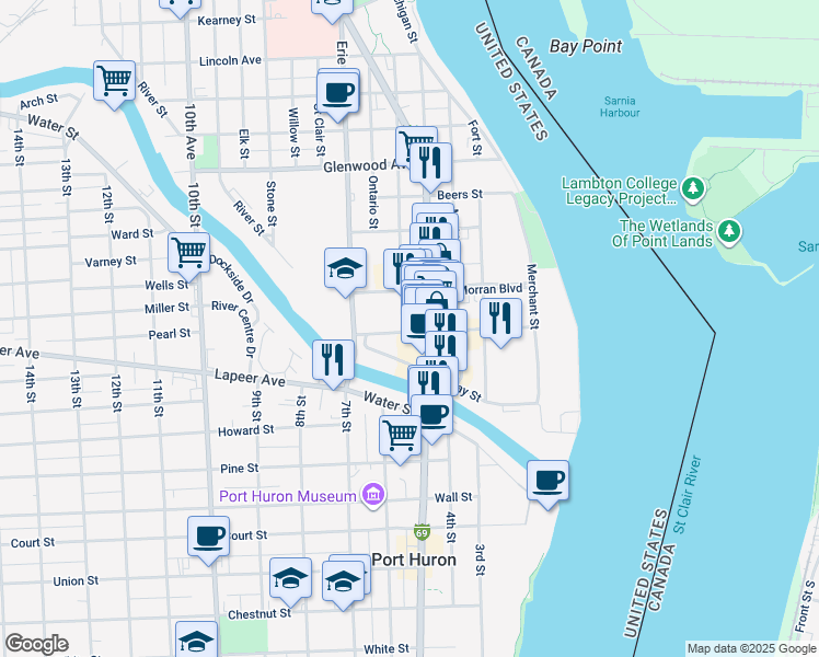 map of restaurants, bars, coffee shops, grocery stores, and more near 326 Superior Mall in Port Huron