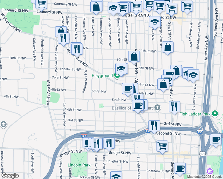 map of restaurants, bars, coffee shops, grocery stores, and more near 756 Pat Avenue Northwest in Grand Rapids