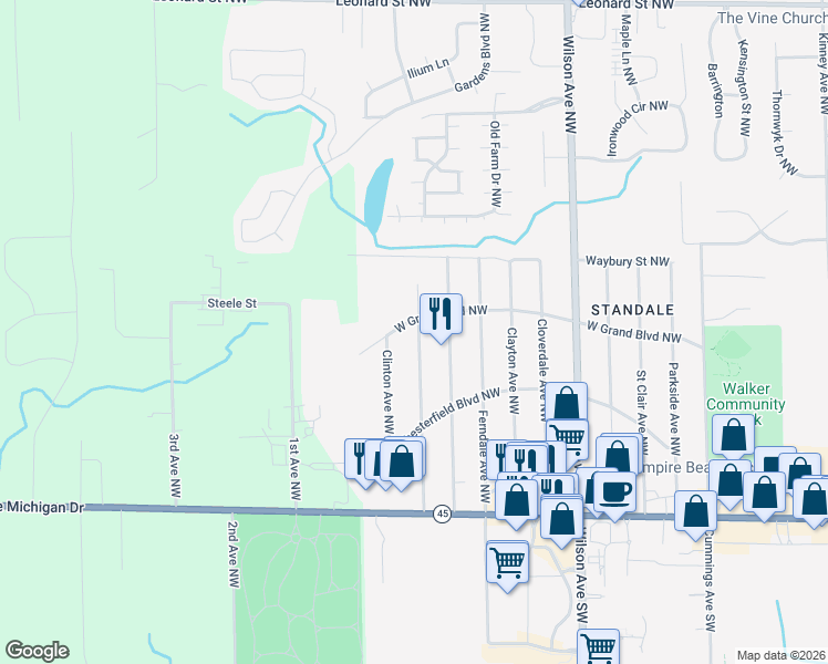 map of restaurants, bars, coffee shops, grocery stores, and more near 4659 West Grand Boulevard Northwest in Walker