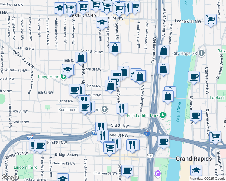 map of restaurants, bars, coffee shops, grocery stores, and more near 555 7th Street Northwest in Grand Rapids