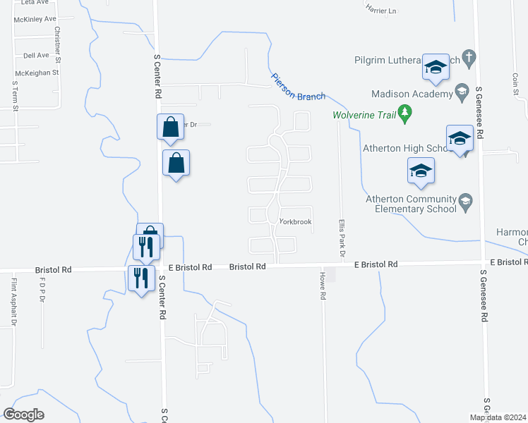 map of restaurants, bars, coffee shops, grocery stores, and more near 3448 Creekside Boulevard in Burton