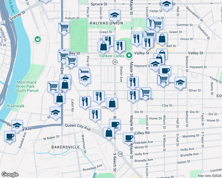 map of restaurants, bars, coffee shops, grocery stores, and more near 276 Silver Street in Manchester