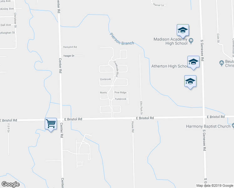 map of restaurants, bars, coffee shops, grocery stores, and more near 3453 Creekside Boulevard in Burton