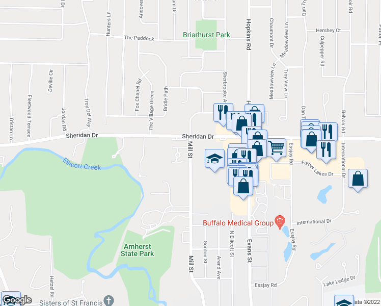 map of restaurants, bars, coffee shops, grocery stores, and more near Mill Street & Arty Drive in Buffalo