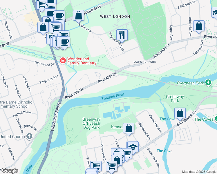 map of restaurants, bars, coffee shops, grocery stores, and more near 422 Riverside Drive in London