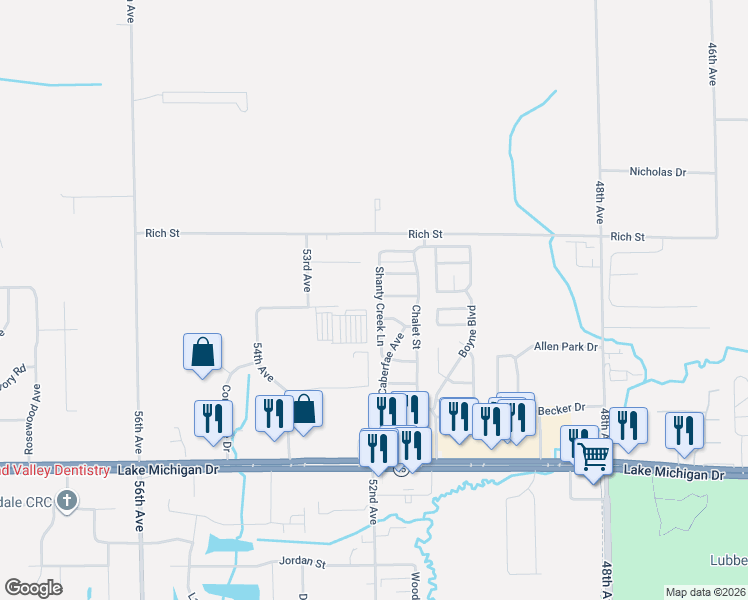 map of restaurants, bars, coffee shops, grocery stores, and more near 11401 Shanty Creek Lane in Allendale Charter Township
