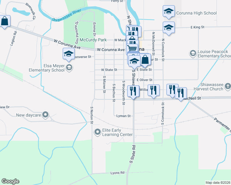 map of restaurants, bars, coffee shops, grocery stores, and more near 220 West Williams Street in Corunna