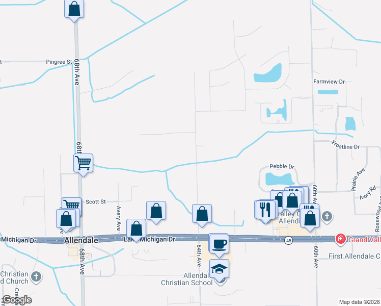 map of restaurants, bars, coffee shops, grocery stores, and more near 11505 64th Avenue in Allendale Charter Township