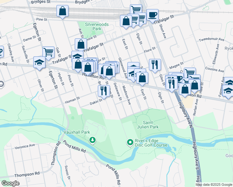 map of restaurants, bars, coffee shops, grocery stores, and more near 151 Delaware Street in London
