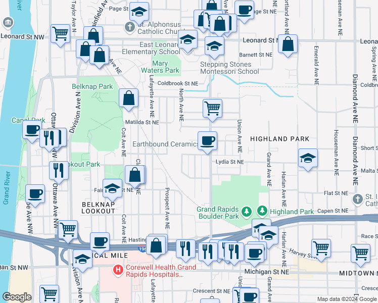 map of restaurants, bars, coffee shops, grocery stores, and more near 415 Bradford Street Northeast in Grand Rapids