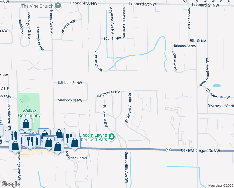 map of restaurants, bars, coffee shops, grocery stores, and more near 3650 Marlboro Street Northwest in Grand Rapids