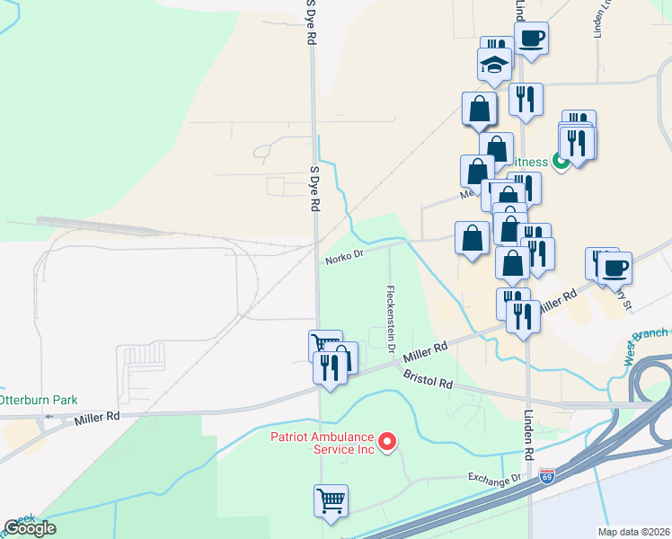 map of restaurants, bars, coffee shops, grocery stores, and more near 5205 Norko Drive in Flint