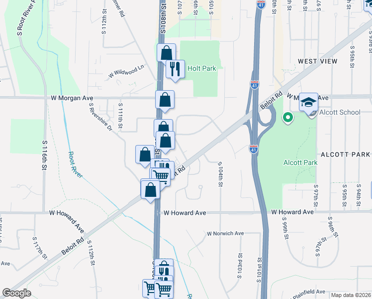 map of restaurants, bars, coffee shops, grocery stores, and more near 3636 South Wollmer Road in Greenfield