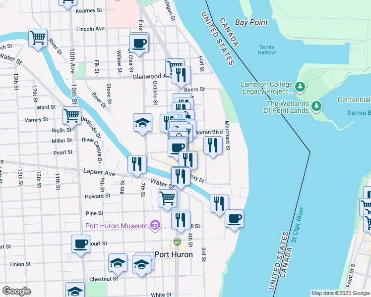 map of restaurants, bars, coffee shops, grocery stores, and more near 312 Huron Avenue in Port Huron