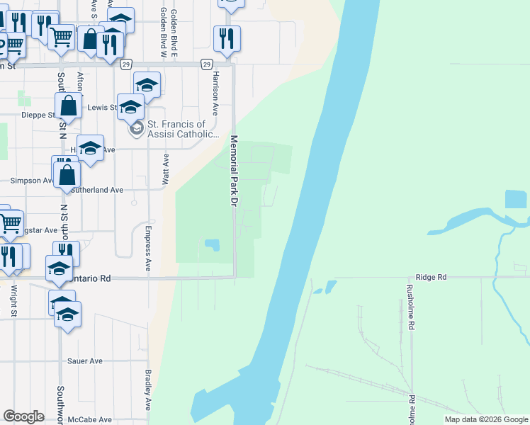 map of restaurants, bars, coffee shops, grocery stores, and more near 374 Viger Drive in Welland