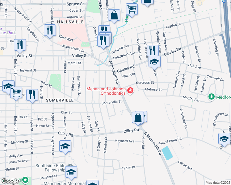 map of restaurants, bars, coffee shops, grocery stores, and more near 75 Johnson Street in Manchester