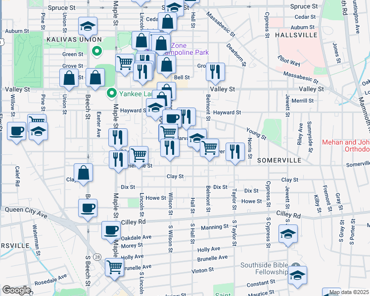 map of restaurants, bars, coffee shops, grocery stores, and more near 182 Hall Street in Manchester
