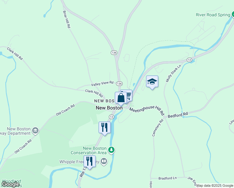 map of restaurants, bars, coffee shops, grocery stores, and more near 13 High Street in New Boston