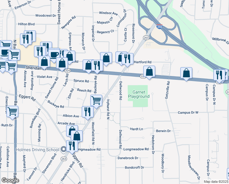 map of restaurants, bars, coffee shops, grocery stores, and more near 224 Dellwood Road in Buffalo