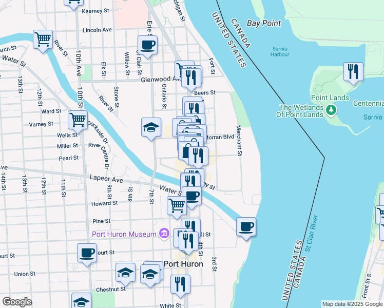 map of restaurants, bars, coffee shops, grocery stores, and more near 312 Huron Avenue in Port Huron