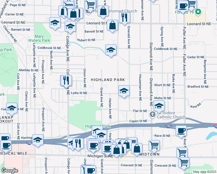 map of restaurants, bars, coffee shops, grocery stores, and more near 864 Grand Avenue Northeast in Grand Rapids