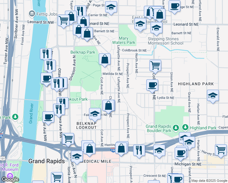 map of restaurants, bars, coffee shops, grocery stores, and more near 823 Lafayette Avenue Northeast in Grand Rapids