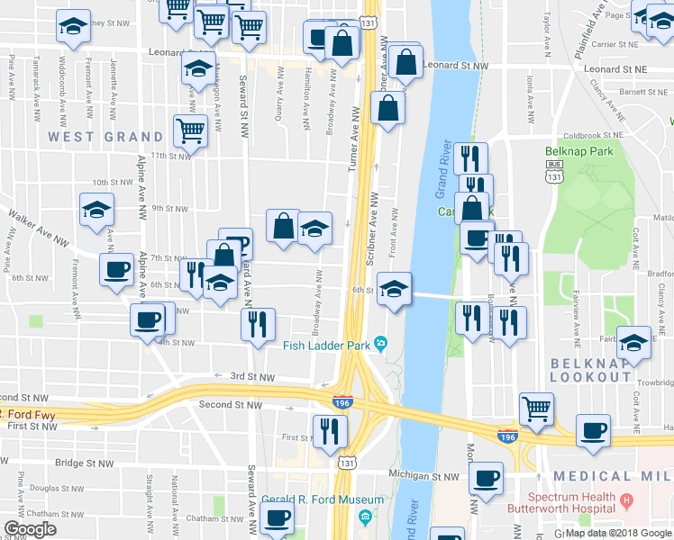 map of restaurants, bars, coffee shops, grocery stores, and more near 809 Turner Avenue Northwest in Grand Rapids