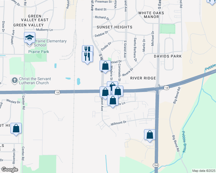 map of restaurants, bars, coffee shops, grocery stores, and more near 2042 Madera Street in Waukesha