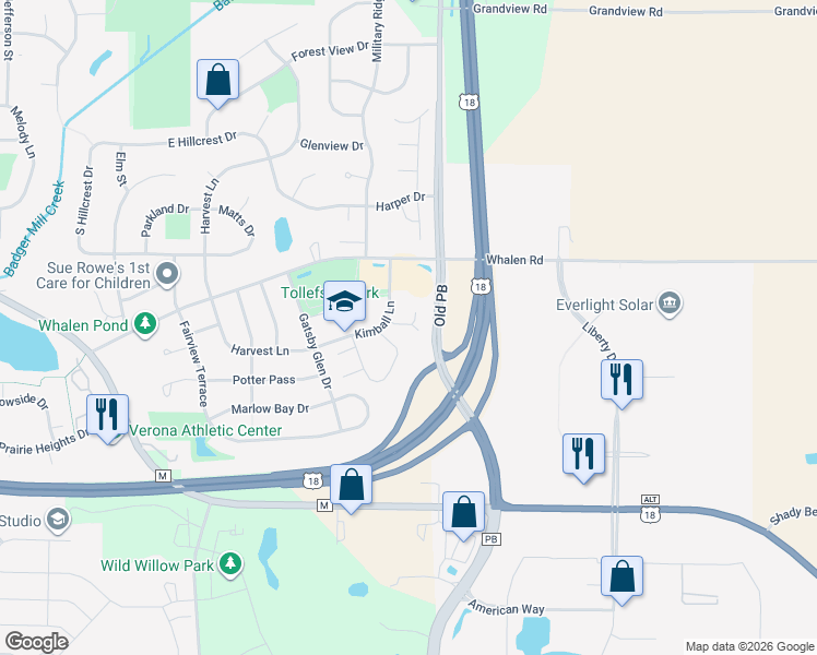 map of restaurants, bars, coffee shops, grocery stores, and more near 861 Kimball Lane in Verona