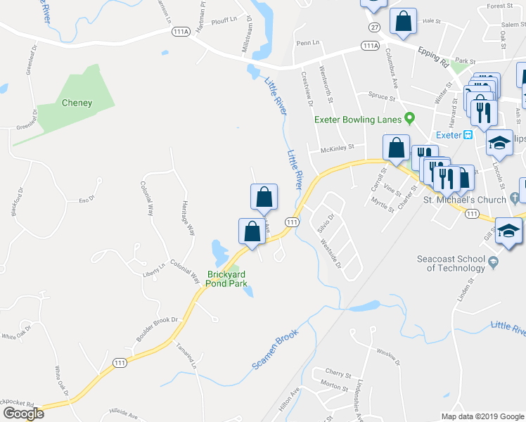map of restaurants, bars, coffee shops, grocery stores, and more near 98 Ernest Avenue in Exeter