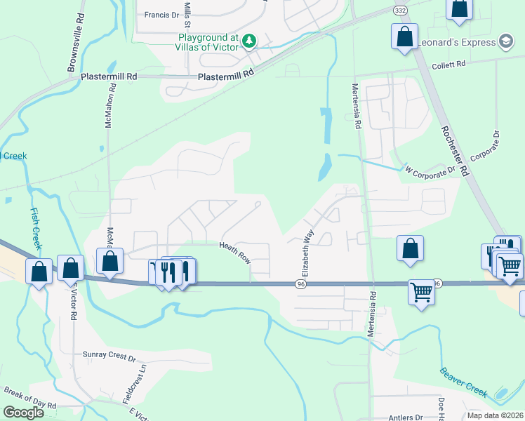 map of restaurants, bars, coffee shops, grocery stores, and more near 1125 Ridge Crest Drive in Victor