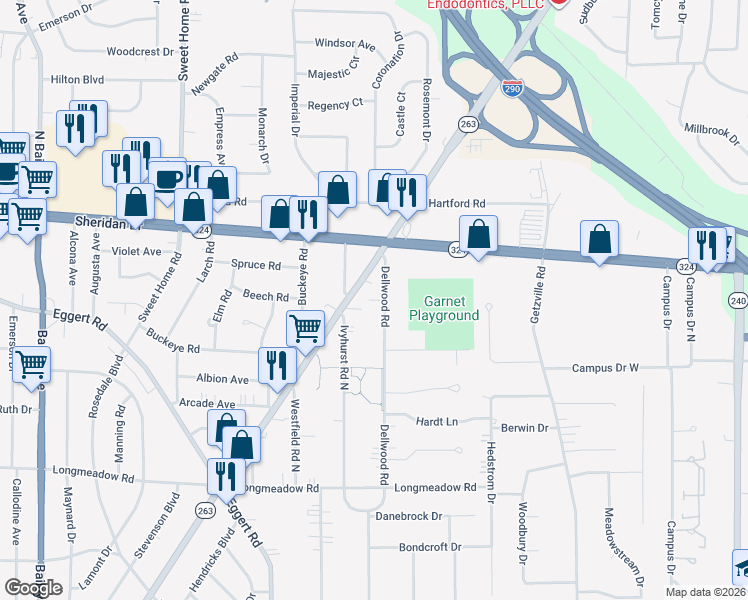 map of restaurants, bars, coffee shops, grocery stores, and more near 224 Dellwood Road in Buffalo