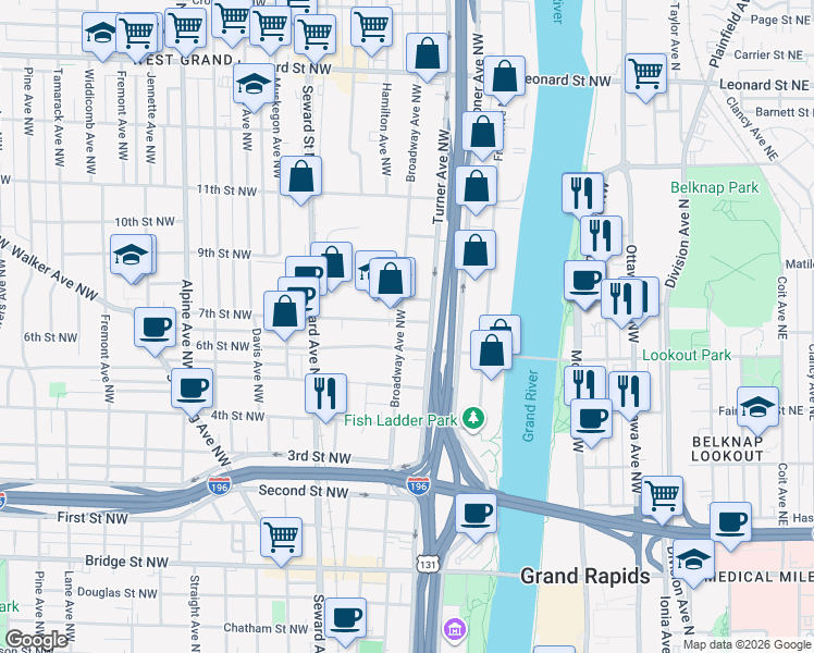 map of restaurants, bars, coffee shops, grocery stores, and more near 809 Turner Avenue Northwest in Grand Rapids