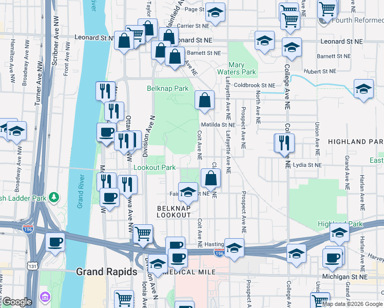 map of restaurants, bars, coffee shops, grocery stores, and more near 836 Livingston Avenue Northeast in Grand Rapids